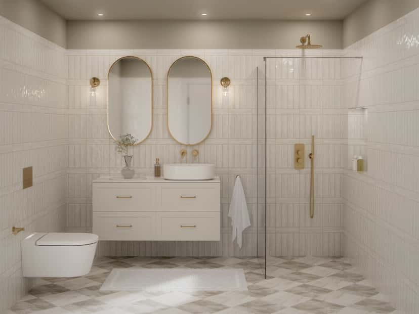 Lyst baderom med elegante gullfargede detaljer